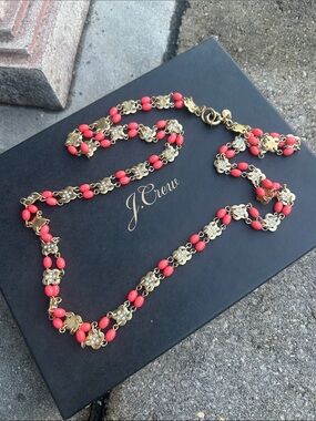 J. Crew Gold-Tone Necklace with Coral Beads and Crystals